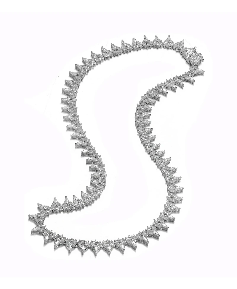 Sterling Silver with White Gold Plated Clear Marquise and Round Cubic Zirconia Cluster Tennis Necklace