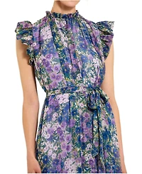Mac Duggal Women's Printed Chiffon Ruffle Sleeve Gown With Bow Belt