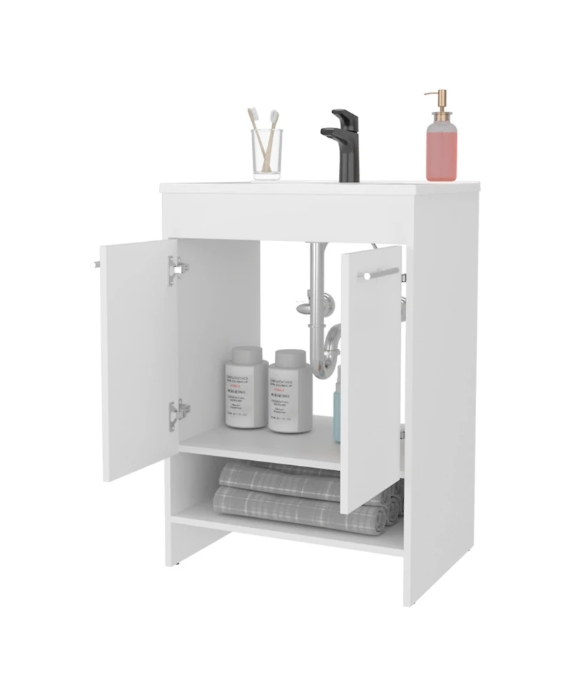 Shell Bathroom Vanity with 2 Doors and Open Storage, White