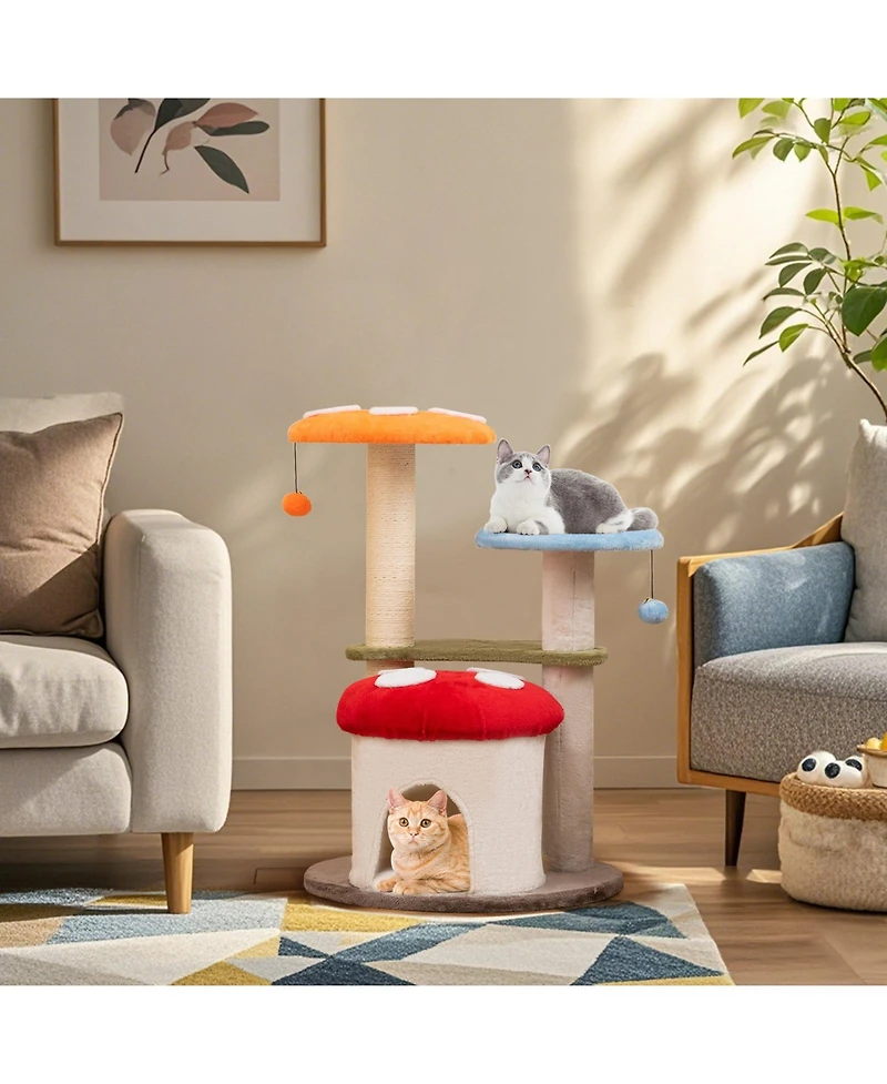 35 Inch Tall Cat Tower with Sisal Scratching Posts Cat Condo and Padded Platforms-Multicolor