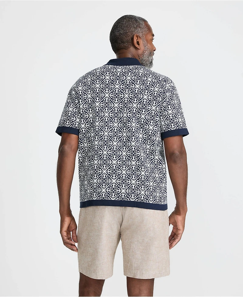 Lands' End Men's Short Sleeve Tile Jacquard Button Down Sweater Polo
