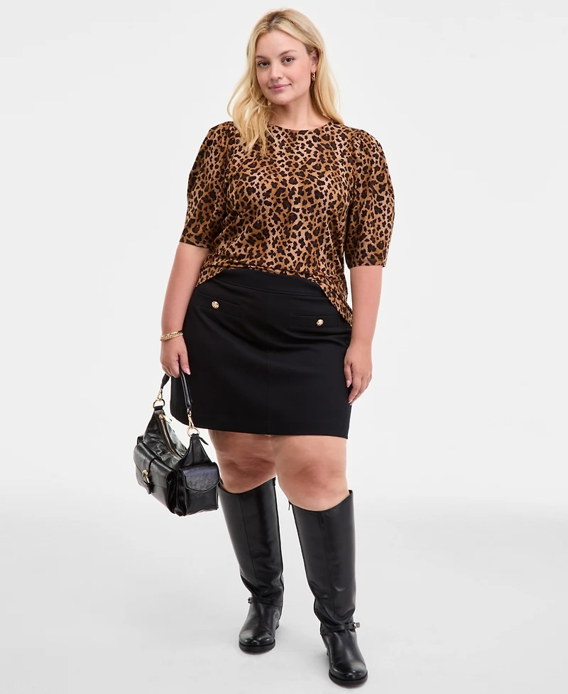 On 34th Trendy Plus Printed Ruched Puff-Sleeve Crewneck Top, Macy's Exclusive