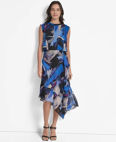 Dkny Women's Printed Blouson Asymmetric-Hem Dress