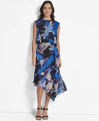 Dkny Women's Printed Blouson Asymmetric-Hem Dress