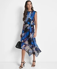 Dkny Women's Printed Blouson Asymmetric-Hem Dress