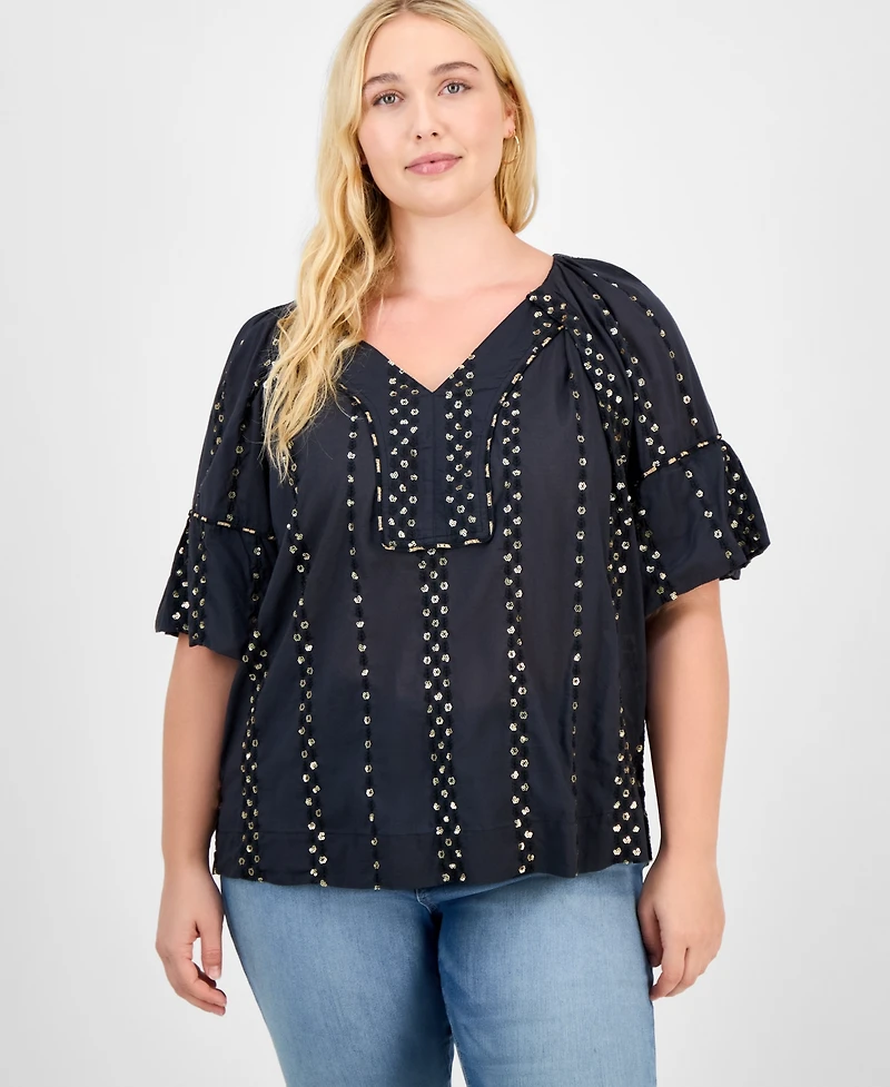 Democracy Trendy Plus Cotton Floral-Trim Bubble-Sleeve Blouse