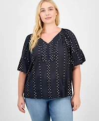 Democracy Trendy Plus Cotton Floral-Trim Bubble-Sleeve Blouse