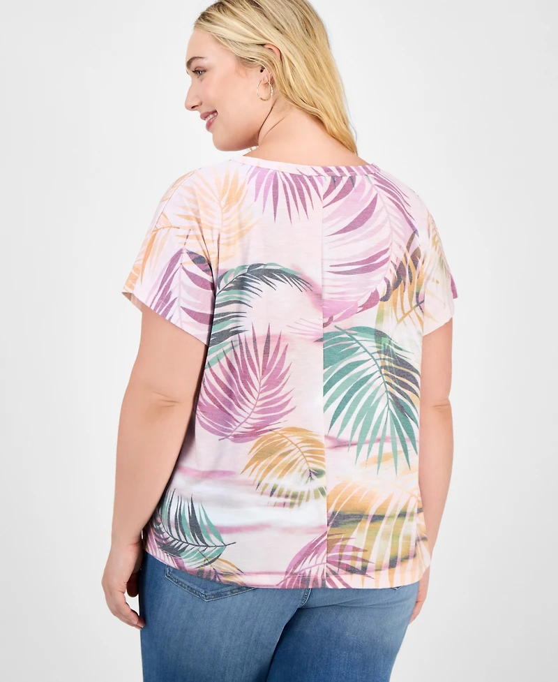 Democracy Trendy Plus Printed Twist-Front Short-Sleeve Top