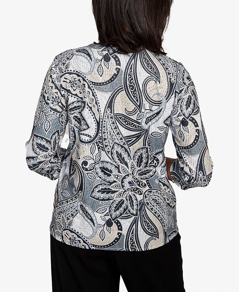 Alfred Dunner Women's Santa Barbara Reversible Paisley Crew Neck Top with Necklace
