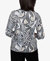 Alfred Dunner Women's Santa Barbara Reversible Paisley Crew Neck Top with Necklace