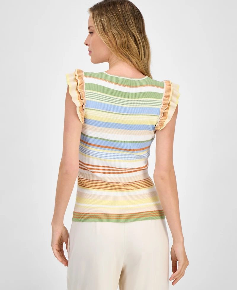 T Tahari Women's Striped Ribbed Flutter-Sleeve Scoop-Neck Top