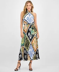 T Tahari Women's Printed Tie-Waist Pleated-Skirt Halter Maxi Dress