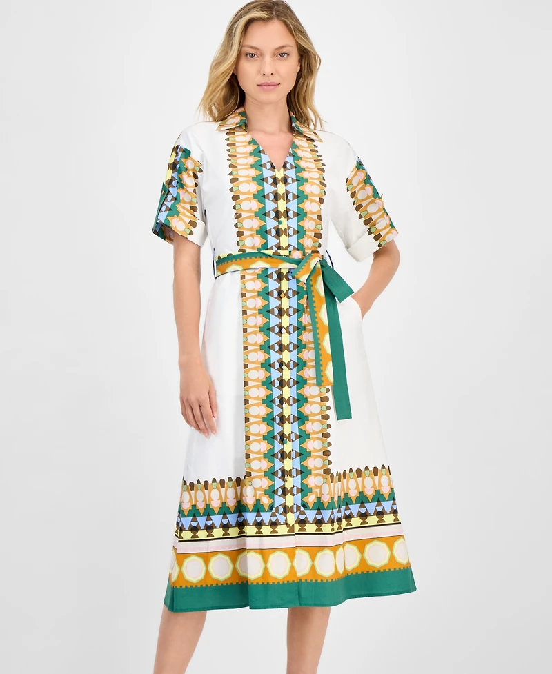 T Tahari Women's Printed Elbow-Sleeve Tie-Waist Split-Neck Midi Dress