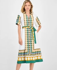 T Tahari Women's Printed Elbow-Sleeve Tie-Waist Split-Neck Midi Dress