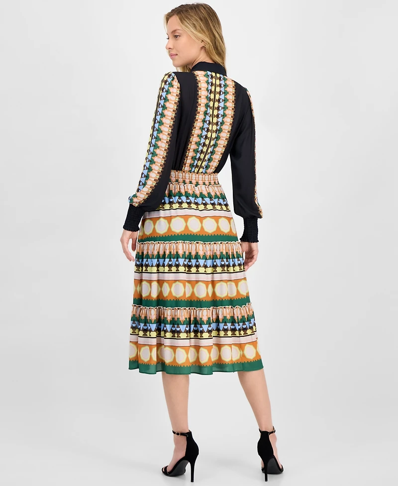 T Tahari Women's Printed Half-Placket Smocked-Waist Midi Dress