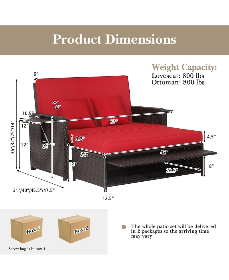 Gymax Rattan Loveseat Set Daybed Lounge w/ Storage Ottoman Side Tables Adjust Patio