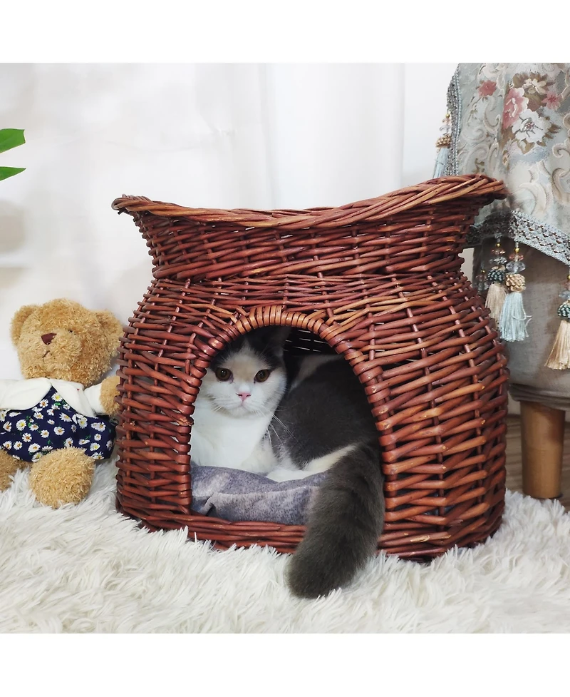 Bingopaw 2-Tier Elevated Cat Bed Wicker Ratten Cat Basket Cave W/ Soft Cushion
