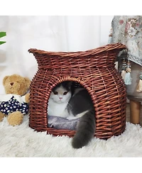 Bingopaw 2-Tier Elevated Cat Bed Wicker Ratten Cat Basket Cave W/ Soft Cushion
