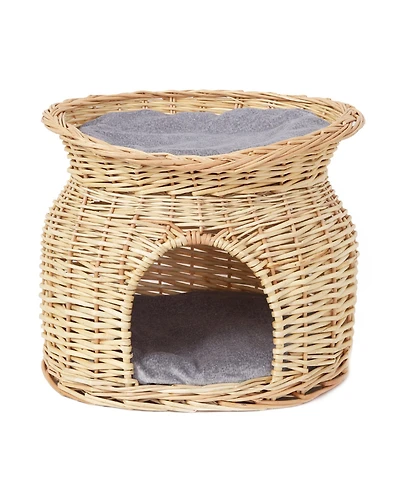 Bingopaw 2-Tier Elevated Cat Bed Wicker Ratten Cat Basket Play House W/ Soft Cushion