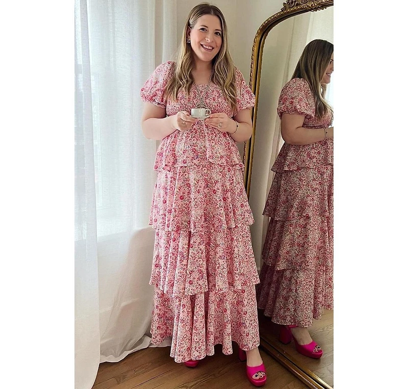 Pinkblush Maternity Pink Floral Square Neck Ruffle Layered Maxi Dress
