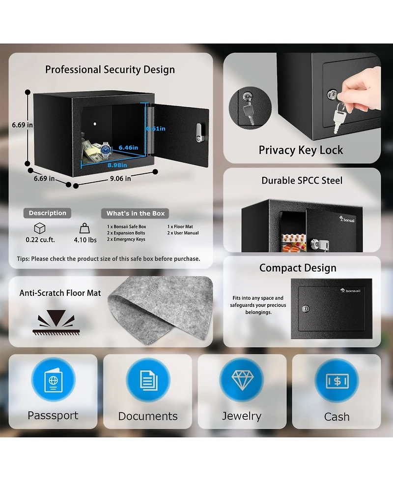 Bonsaii Safe Box with Key Lock, Steel Security Lock Box, 0.23 Cubic Feet, 9.06" W x 6.69" D x 6.69" H, Small Hidden Safe for Cash Jewel