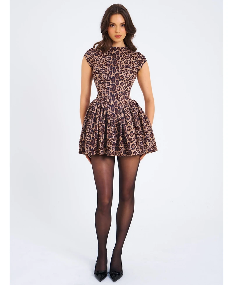 Miss Circle Women's Jacqueline Backless Cheetah Print Mini Puffy Dress