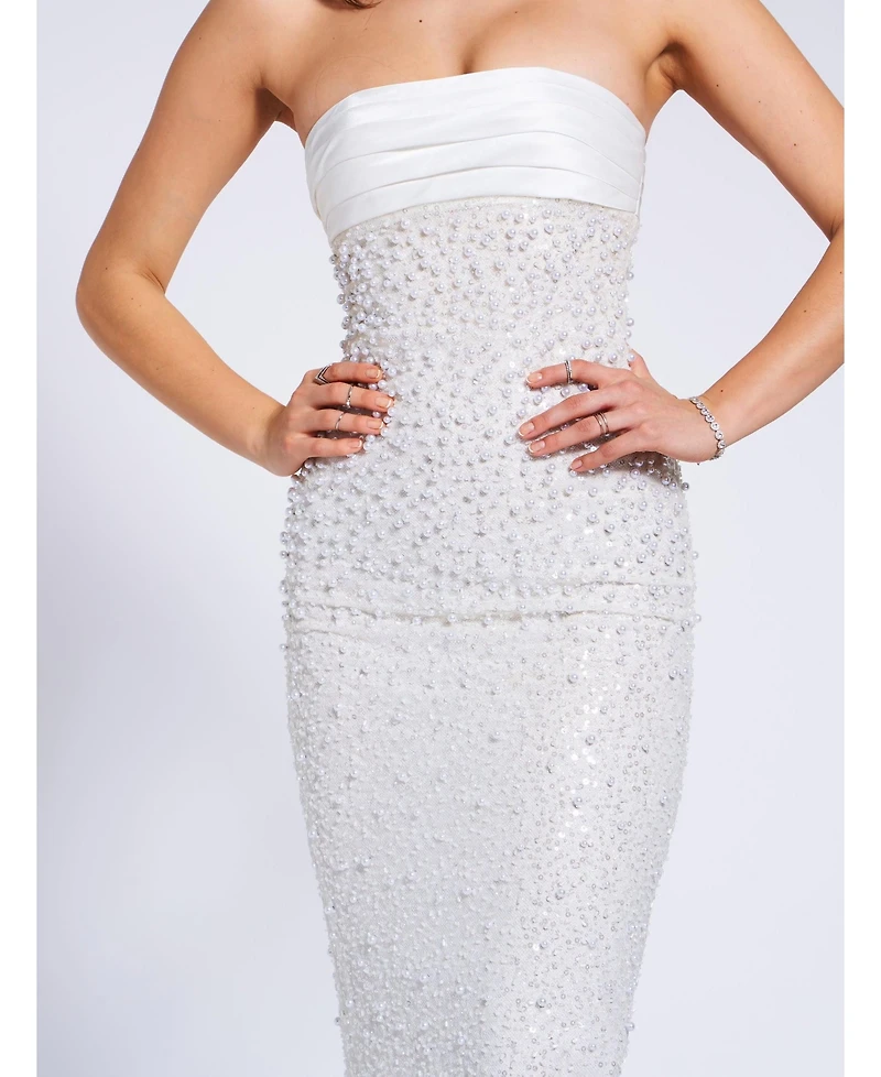 Miss Circle Women's Lainey White Satin Sequin Pearls Beaded Maxi Dress