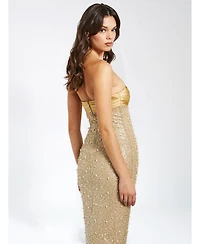 Miss Circle Women's Lainey Gold Satin Sequin Pearls Beaded Maxi Dress