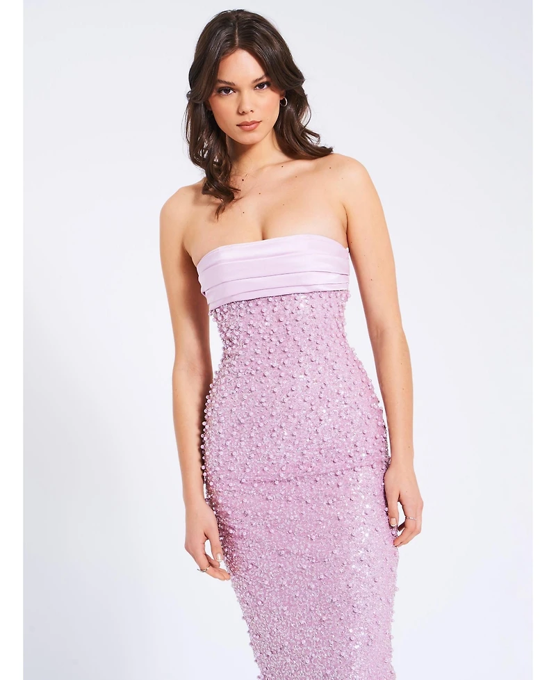 Miss Circle Women's Lainey Purple Satin Sequin Pearls Beaded Maxi Dress