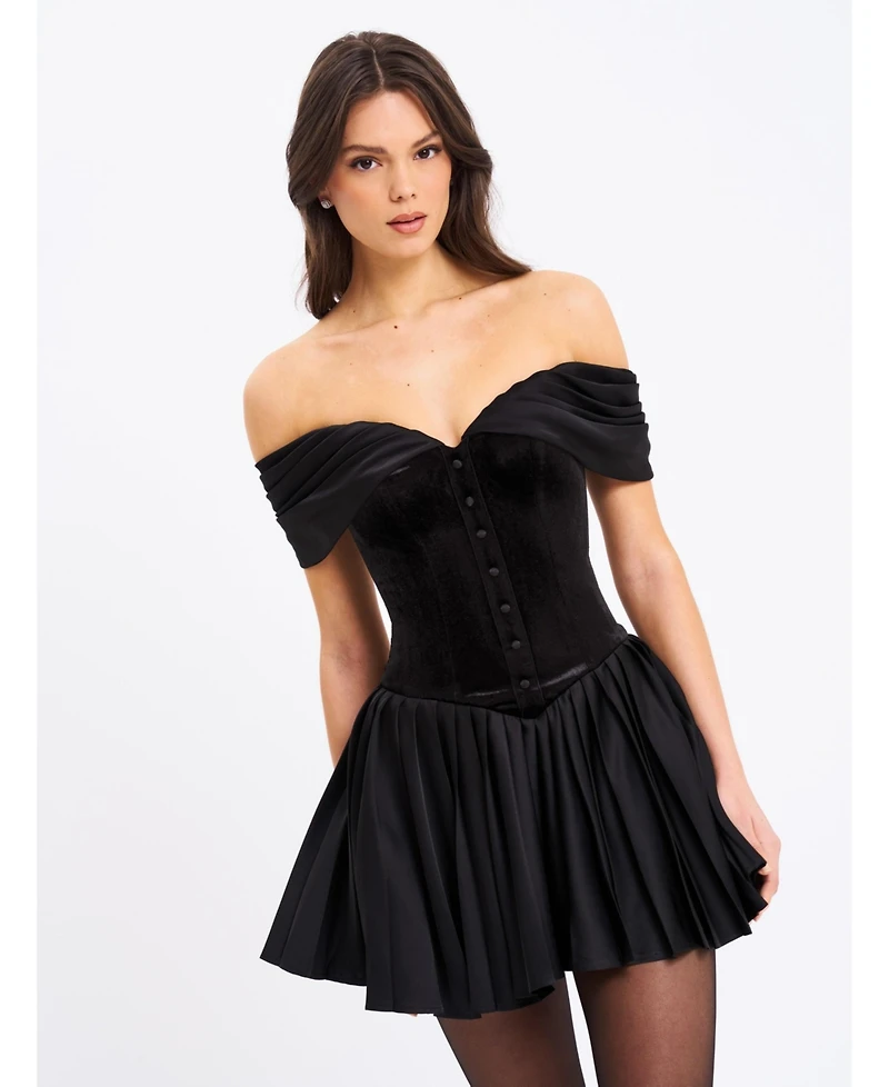 Miss Circle Women's Echo Black Velvet Off-shoulder Pleated Mini Dress