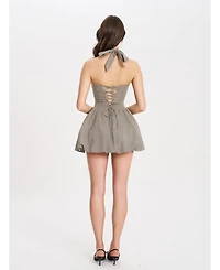 Miss Circle Women's Dacia Plaid Halter Lace-up Bubble Mini Dress