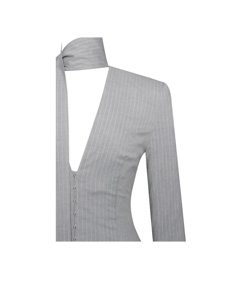 Miss Circle Women's Tahlia Deep V Pinstripes Gray Blazer Dress with scarf collar