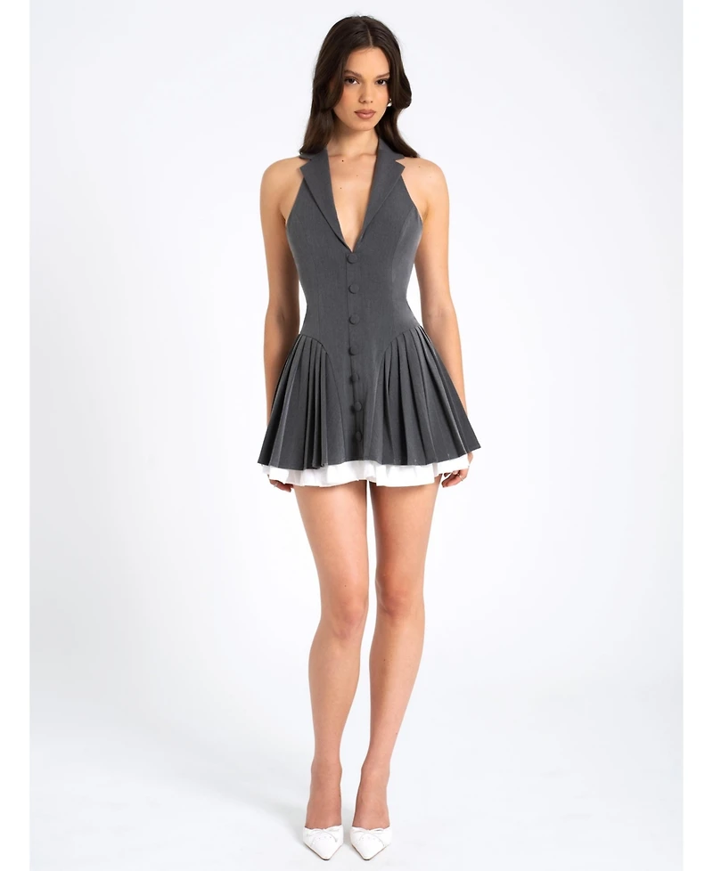 Miss Circle Women's Hazel Grey Preppy Halter Neck Pleated Mini Dress