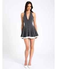 Miss Circle Women's Hazel Grey Preppy Halter Neck Pleated Mini Dress