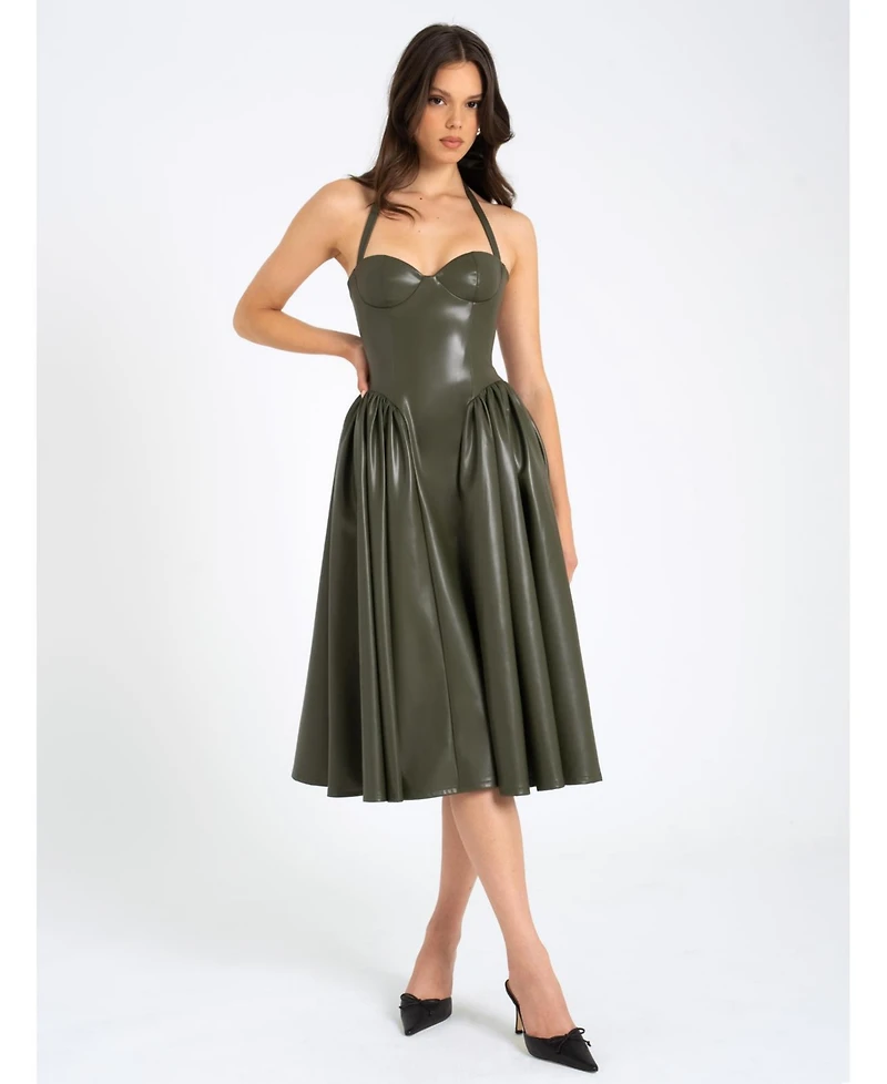 Miss Circle Women's Eliana Olive Faux Leather Dress
