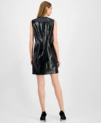 Anne Klein Women's Faux-Leather Vinyl Sleeveless Button-Down Dress