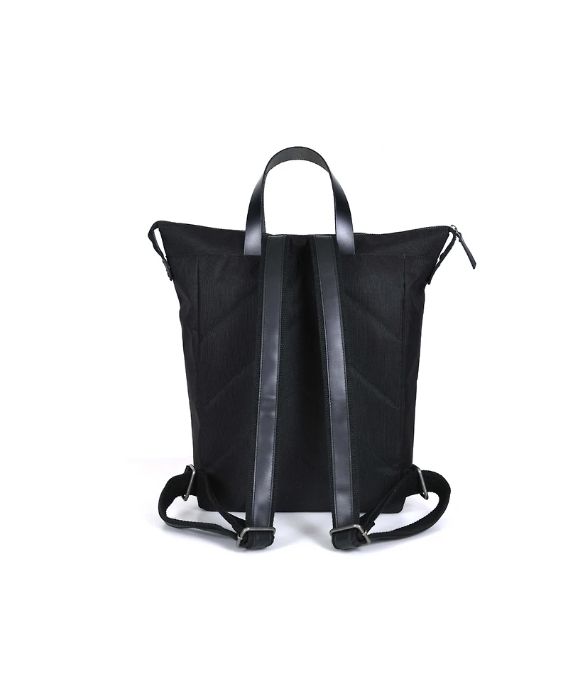 Sleek Black Laptop Backpack with Leather Trim, Dual Carry Handles, Padded Laptop Sleeve, Zip Closure, Adjustable Straps, Water-Resistant Nylon Body &#