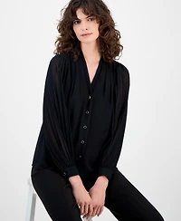 Anne Klein Women's Printed Pleated-Sleeve Chiffon Button-Front Top
