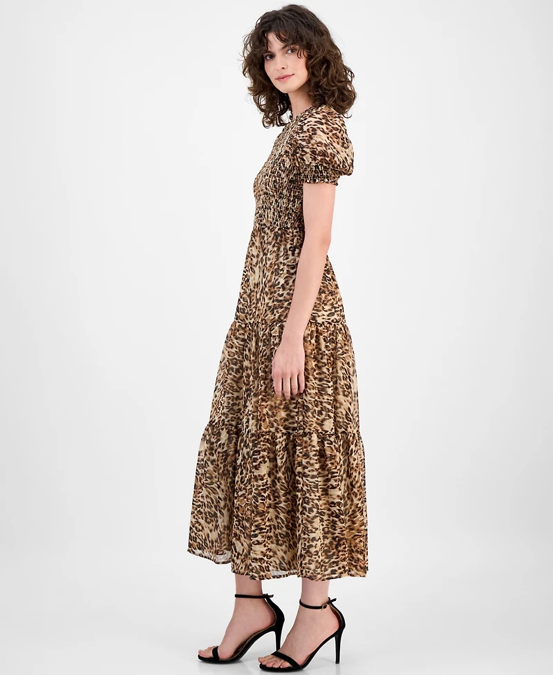 Anne Klein Women's Printed Smocked Animal Print Chiffon Tiered Maxi Dress