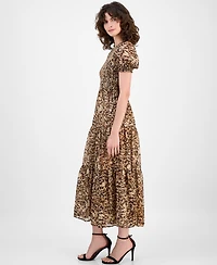 Anne Klein Women's Printed Smocked Animal Print Chiffon Tiered Maxi Dress