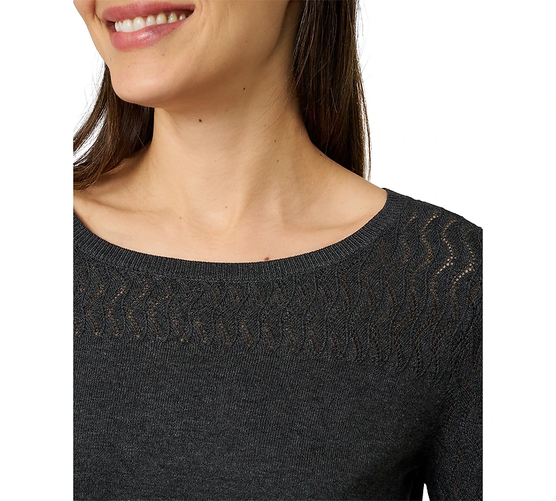 Melissa Paige Petite Pointelle-Yoke 3/4-Sleeve Sweater
