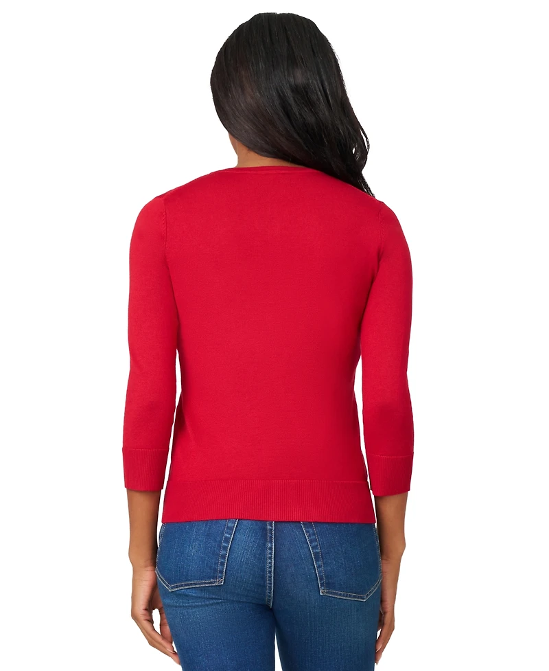Melissa Paige Petite Crewneck 3/4-Sleeve Cardigan Sweater