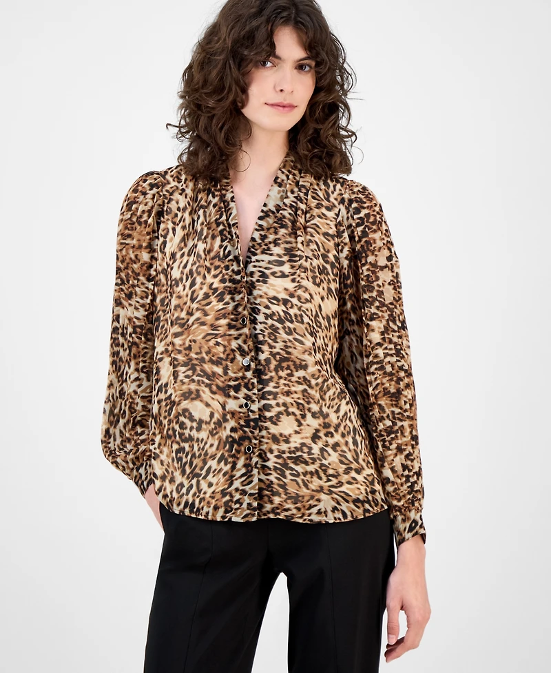 Anne Klein Women's Printed Pleated-Sleeve Button-Front Top