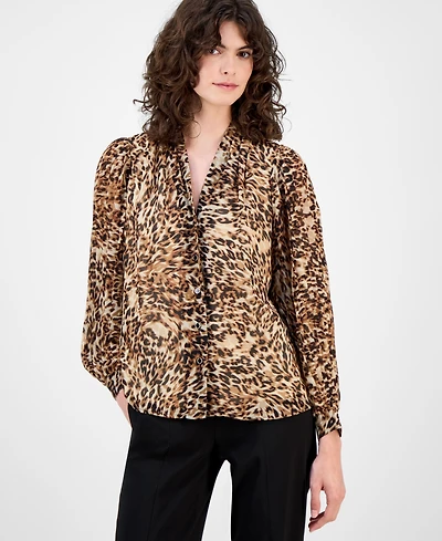 Anne Klein Women's Printed Pleated-Sleeve Button-Front Top
