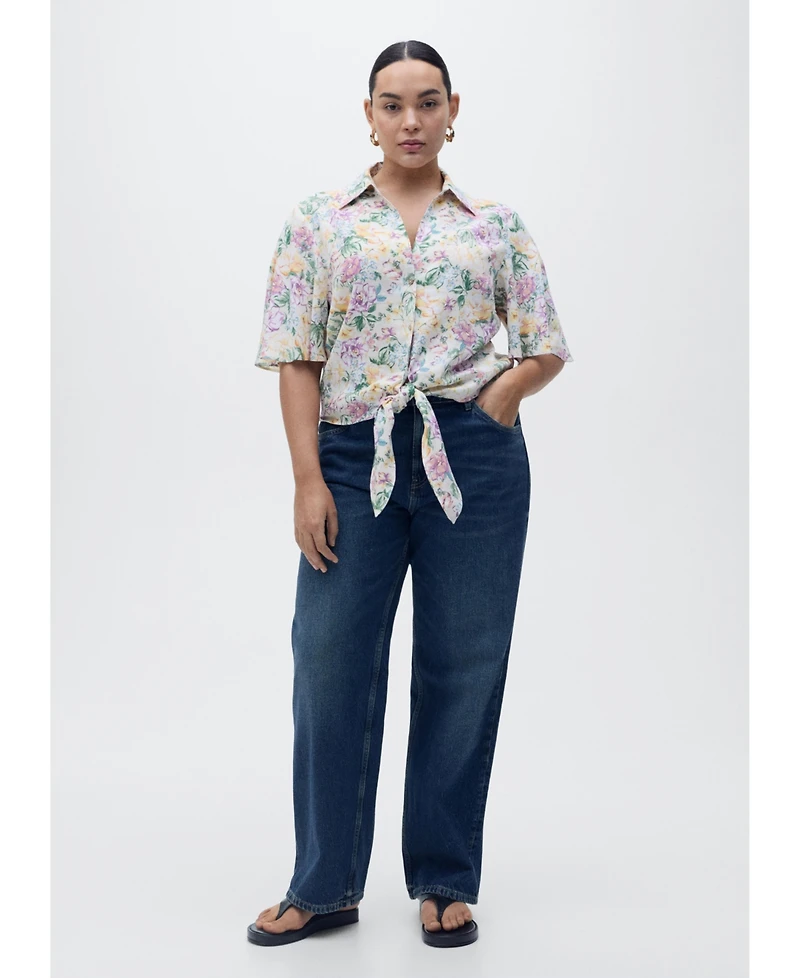 Mango Women's Knotted Floral Linen Shirt