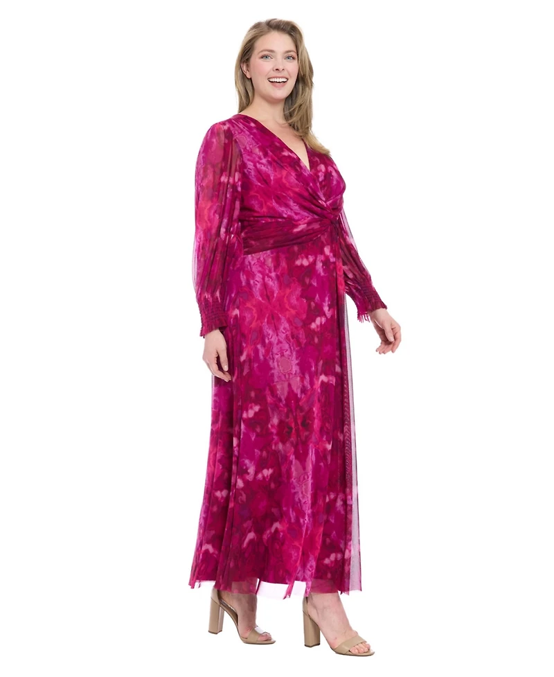 London Times Plus Bishop-Sleeve Mesh Maxi Dress