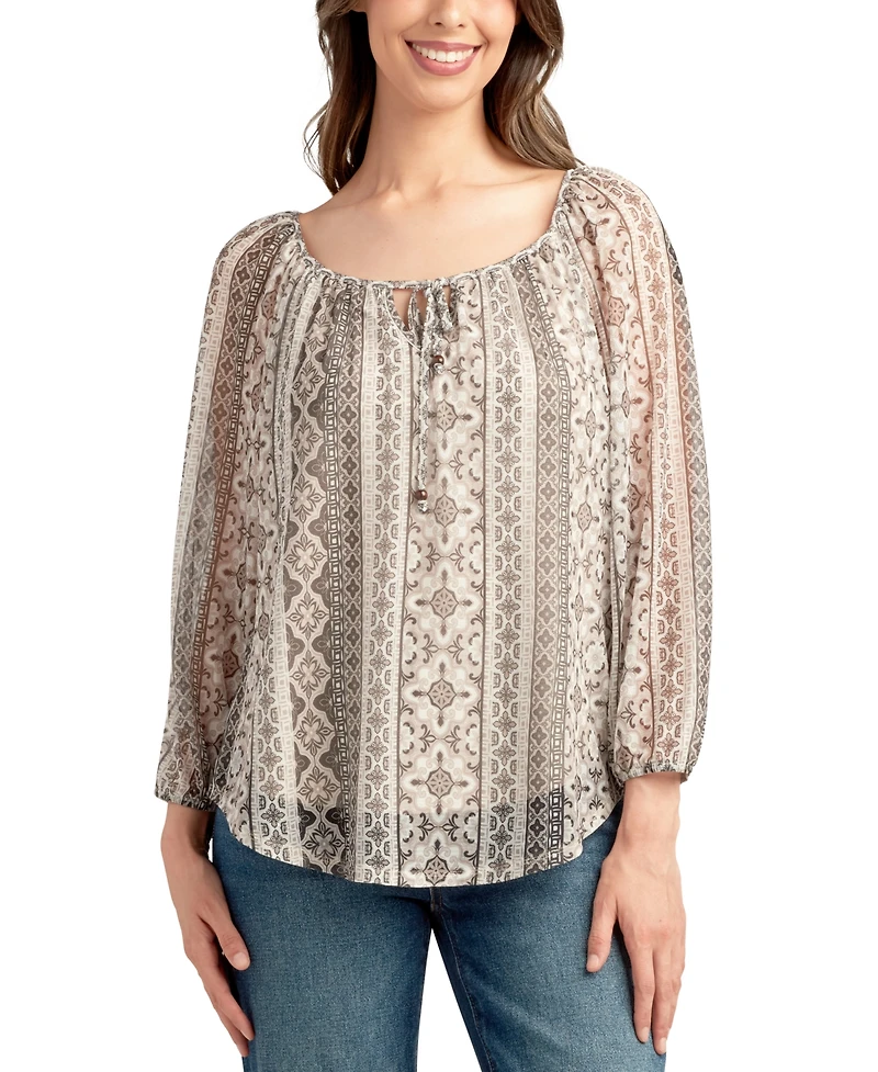 Bcx Juniors' Printed Mesh Peasant Top