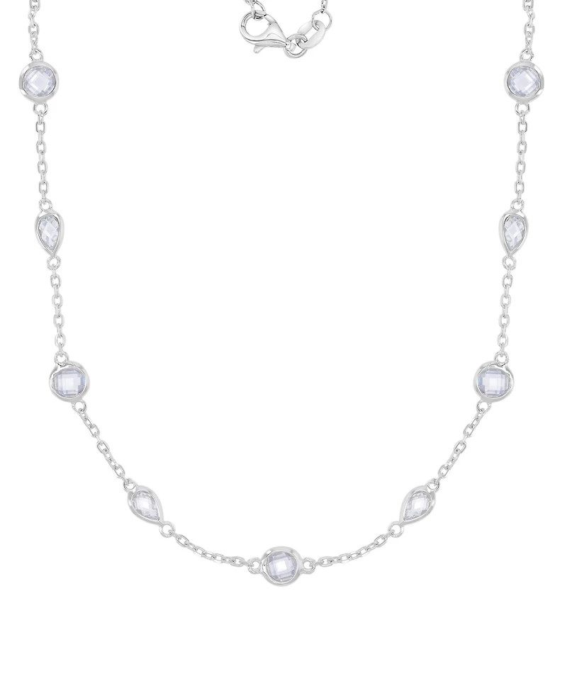 Cubic Zirconia Bezel Station 18" Collar Necklace in Sterling Silver
