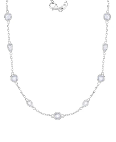 Cubic Zirconia Bezel Station 18" Collar Necklace in Sterling Silver
