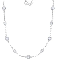 Cubic Zirconia Bezel Station 18" Collar Necklace in Sterling Silver